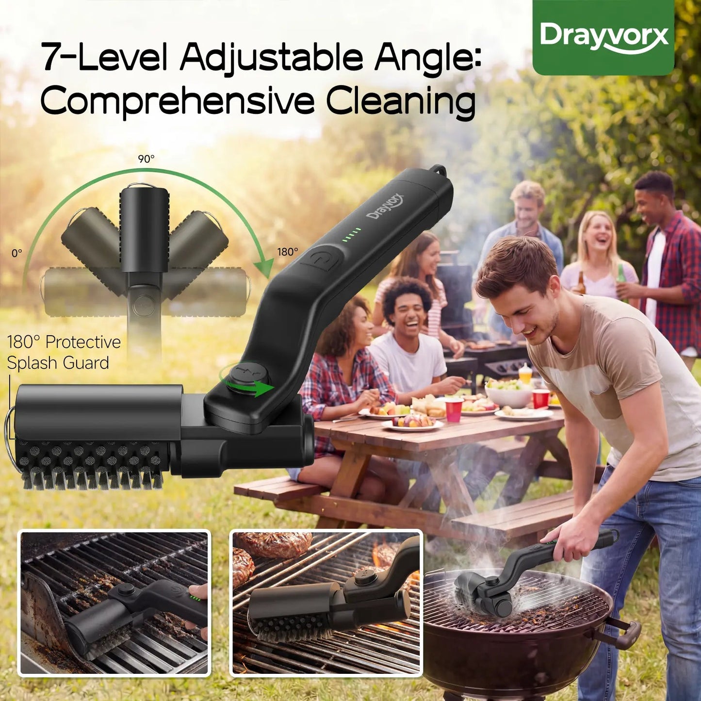 BBQ Grill Cleaner with 2 Heads, 3-Speed & Angle Adjust